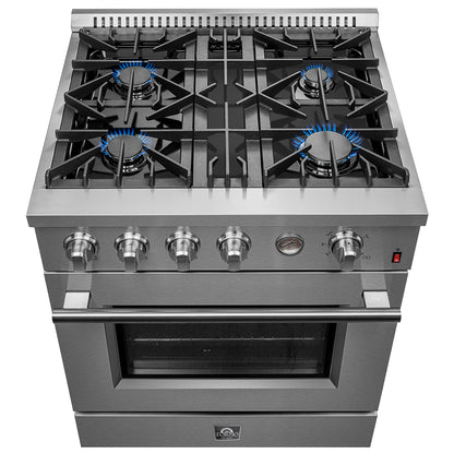 FORNO Ensemble cuisine premium 2 pièces - cuisinière à gaz Marco 30-inch en acier inoxydable, réfrigérateur Forno Gallipoli 30" à portes françaises avec congélateur en bas 17.5 cu. ft - FBDL-021-02CAUS - Forno Appliances