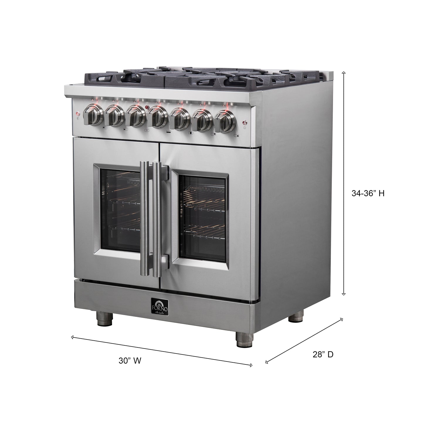 Cuisinière dual fuel Forno Massimo 30 pouces à pose libre avec porte française, 4 brûleurs, four à convection véritable - Forno Appliances