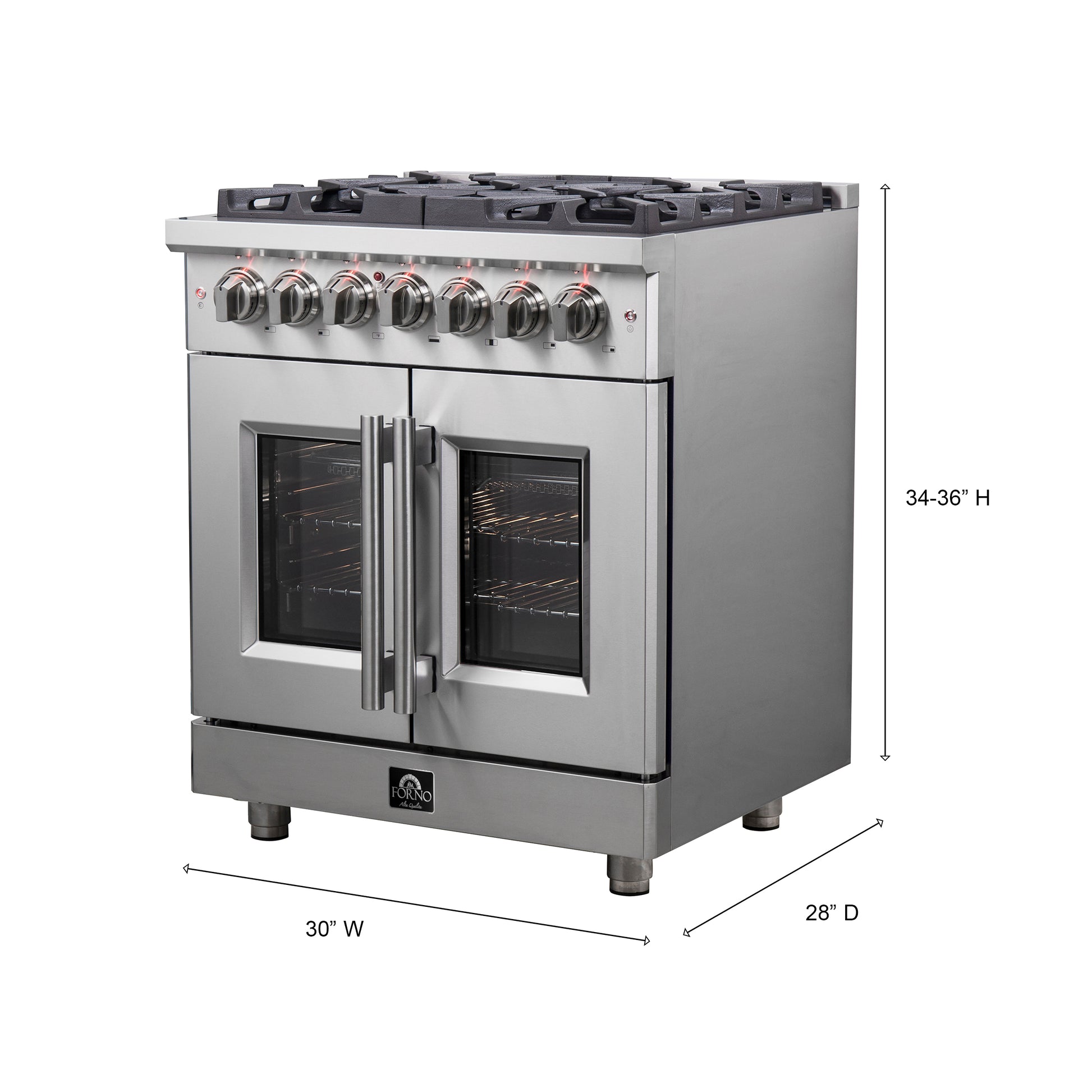 Cuisinière dual fuel Forno Massimo 30 pouces à pose libre avec porte française, 4 brûleurs, four à convection véritable - Forno Appliances