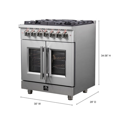 Cuisinière dual fuel Forno Massimo 30 pouces à pose libre avec porte française, 4 brûleurs, four à convection véritable - Forno Appliances
