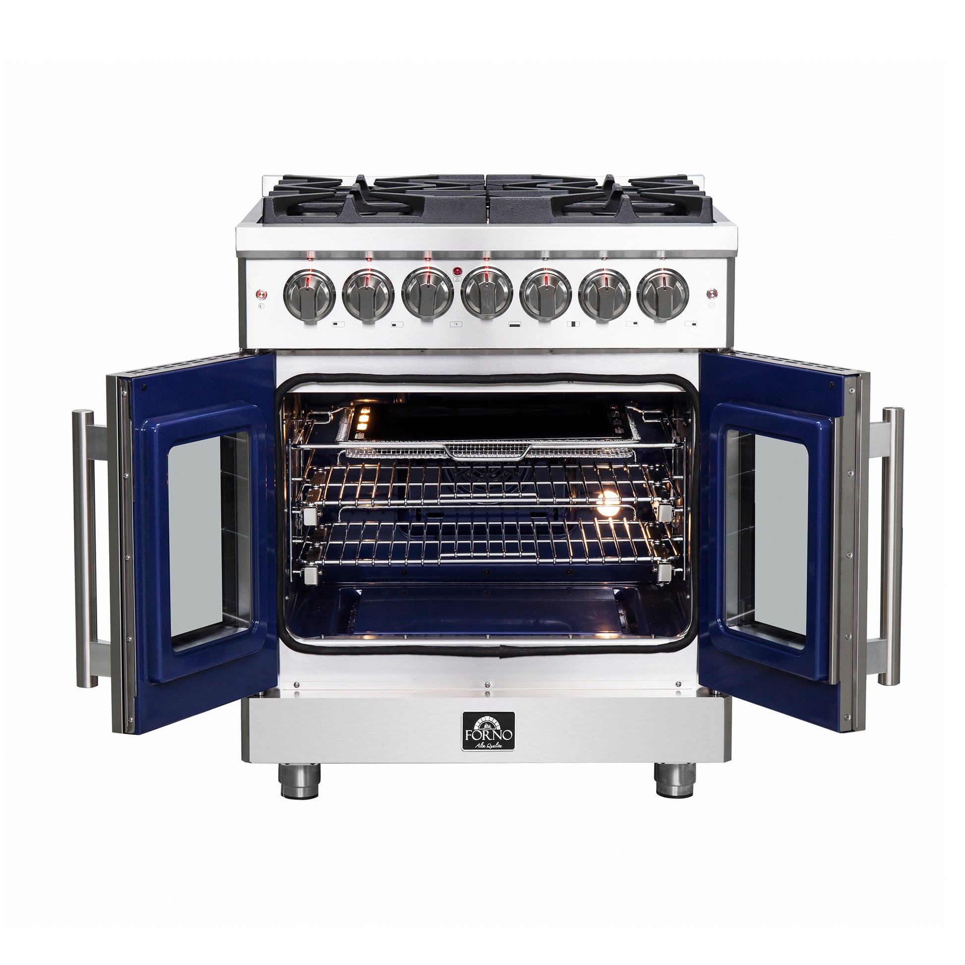 Cuisinière Forno Massimo 30 pouces autoportante à double combustible, porte française, 4 brûleurs, four à convection véritable - Forno Appliances