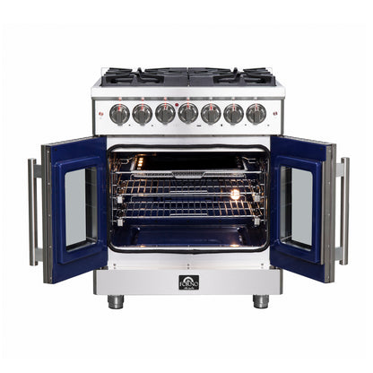 Cuisinière Forno Massimo 30 pouces autoportante à double combustible, porte française, 4 brûleurs, four à convection véritable - Forno Appliances