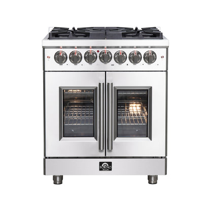alt
Cuisinière mixte Forno Massimo 30 pouces à poser avec porte française, 4 brûleurs, four à convection véritable – Forno Appliances