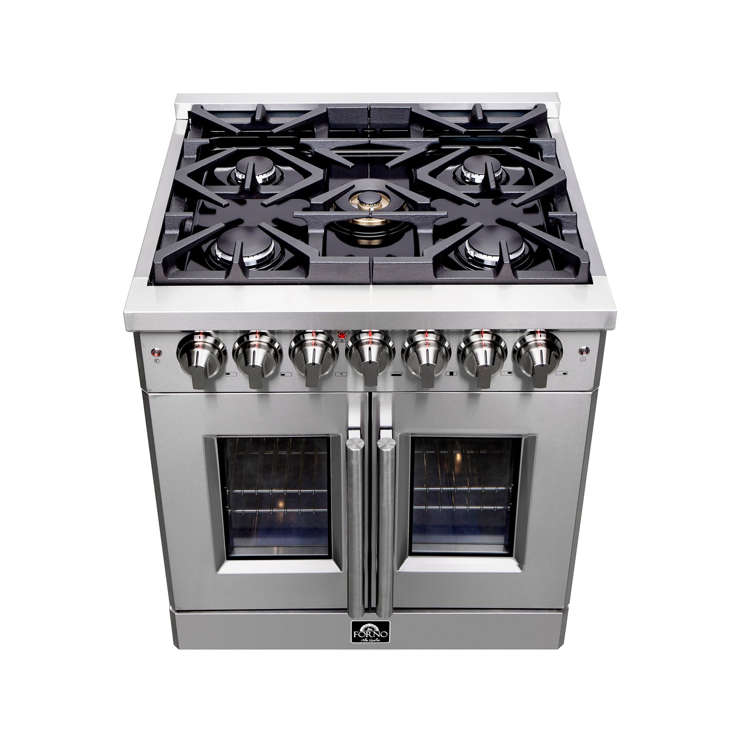 Cuisinière à double combustible Forno Massimo 30 pouces indépendante à portes françaises, 4 brûleurs, four à convection véritable - Forno Appliances