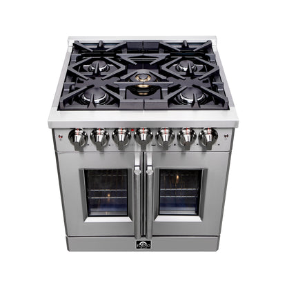 Cuisinière à double combustible Forno Massimo 30 pouces indépendante à portes françaises, 4 brûleurs, four à convection véritable - Forno Appliances