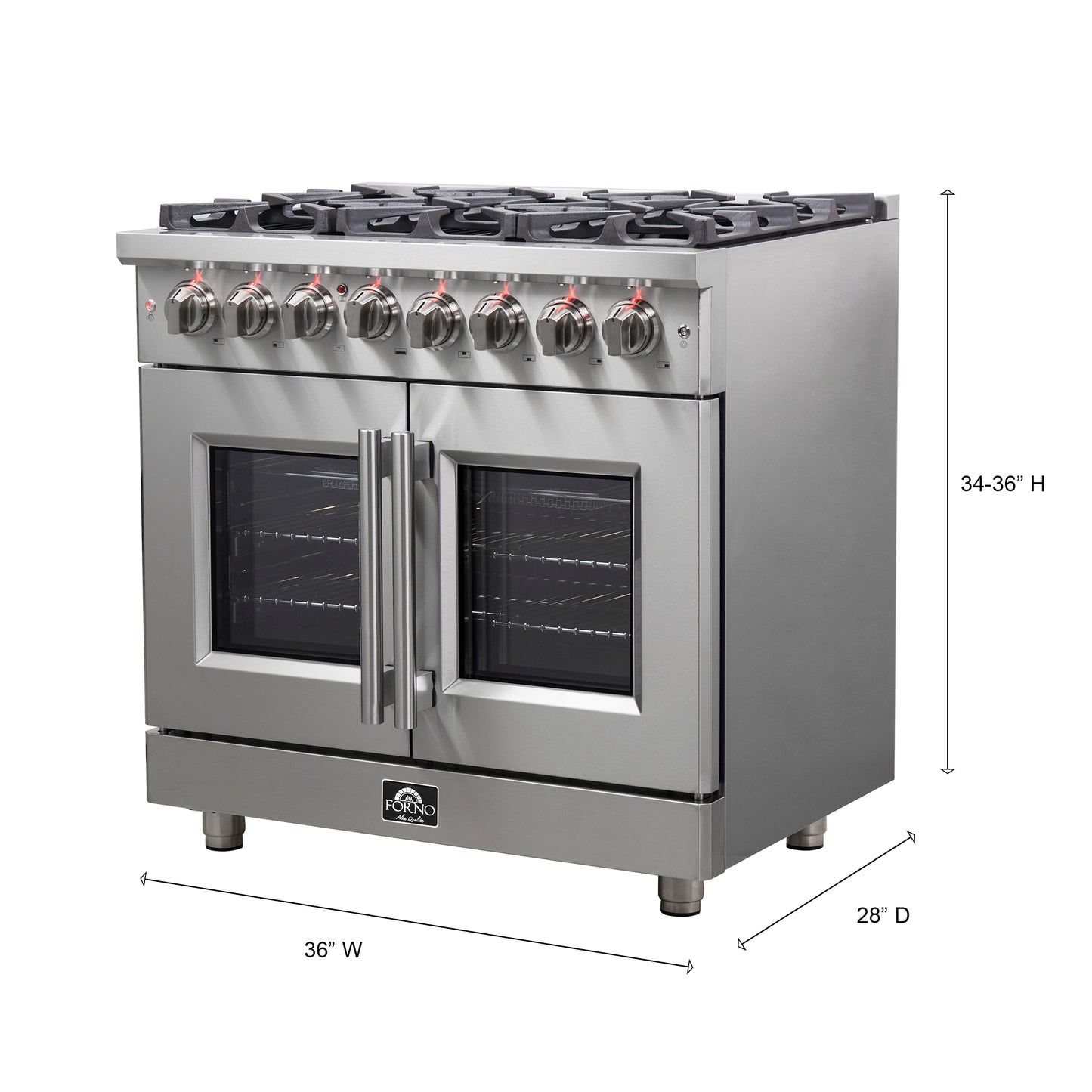 Cuisinière dual fuel Forno Massimo autonome de 36 pouces à portes françaises, 6 brûleurs, four à convection réelle - Forno Appliances