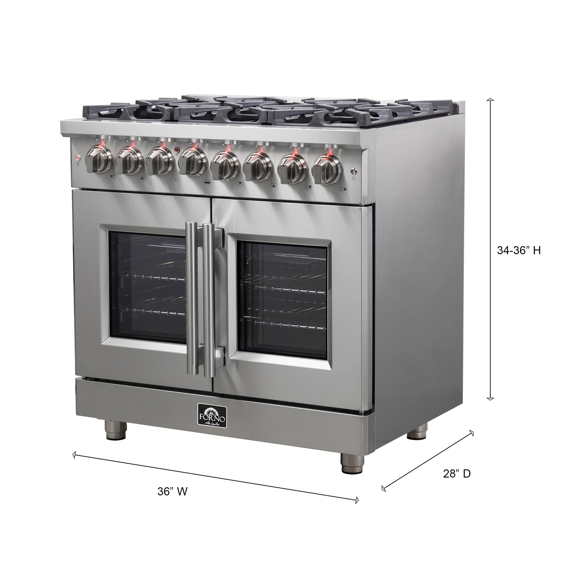 Cuisinière dual fuel Forno Massimo autonome de 36 pouces à portes françaises, 6 brûleurs, four à convection réelle - Forno Appliances
