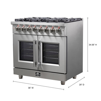 Cuisinière dual fuel Forno Massimo autonome de 36 pouces à portes françaises, 6 brûleurs, four à convection réelle - Forno Appliances