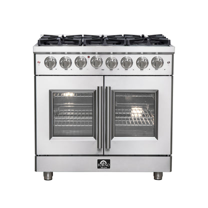 Forno Massimo cuisinière dual fuel autonome à double porte française de 36 po, 6 brûleurs, four à convection véritable - Forno Appliances