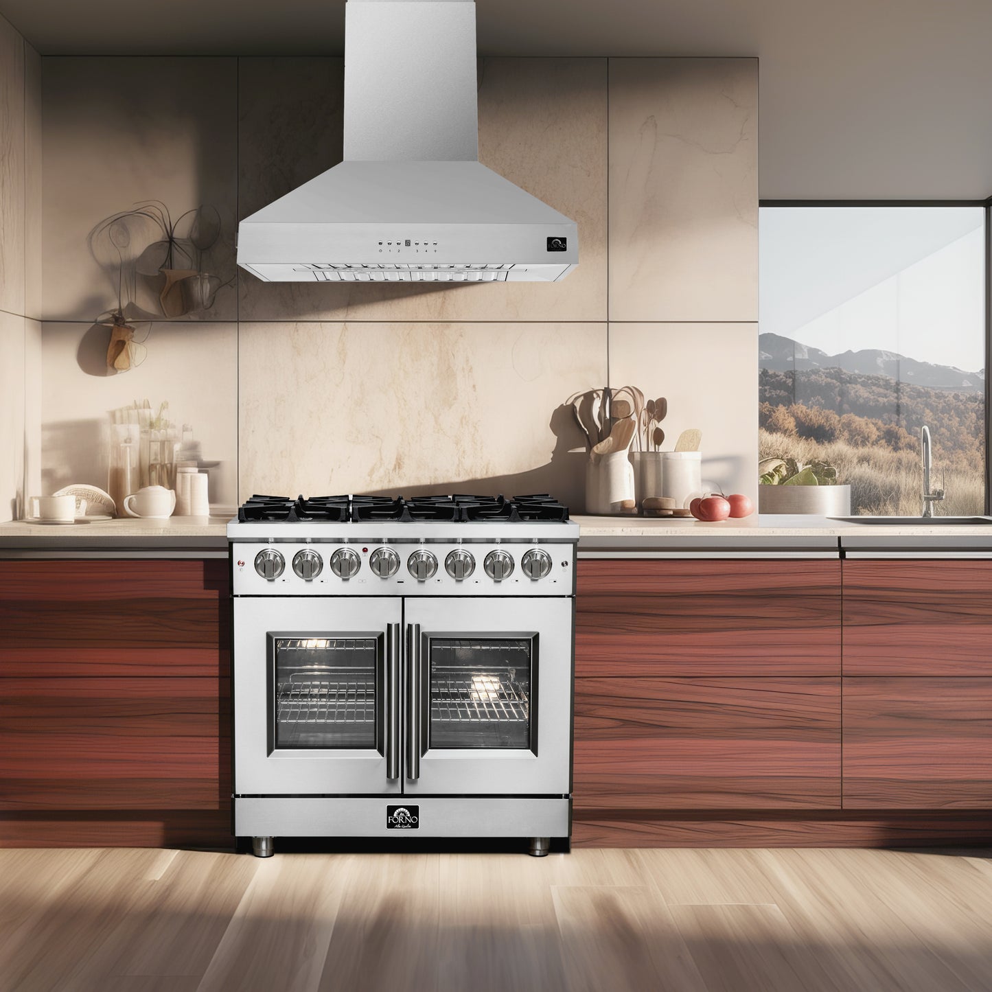 Cuisinière dual fuel indépendante Forno Massimo de 36 pouces avec portes françaises, 6 brûleurs et four à convection véritable - Forno Appliances