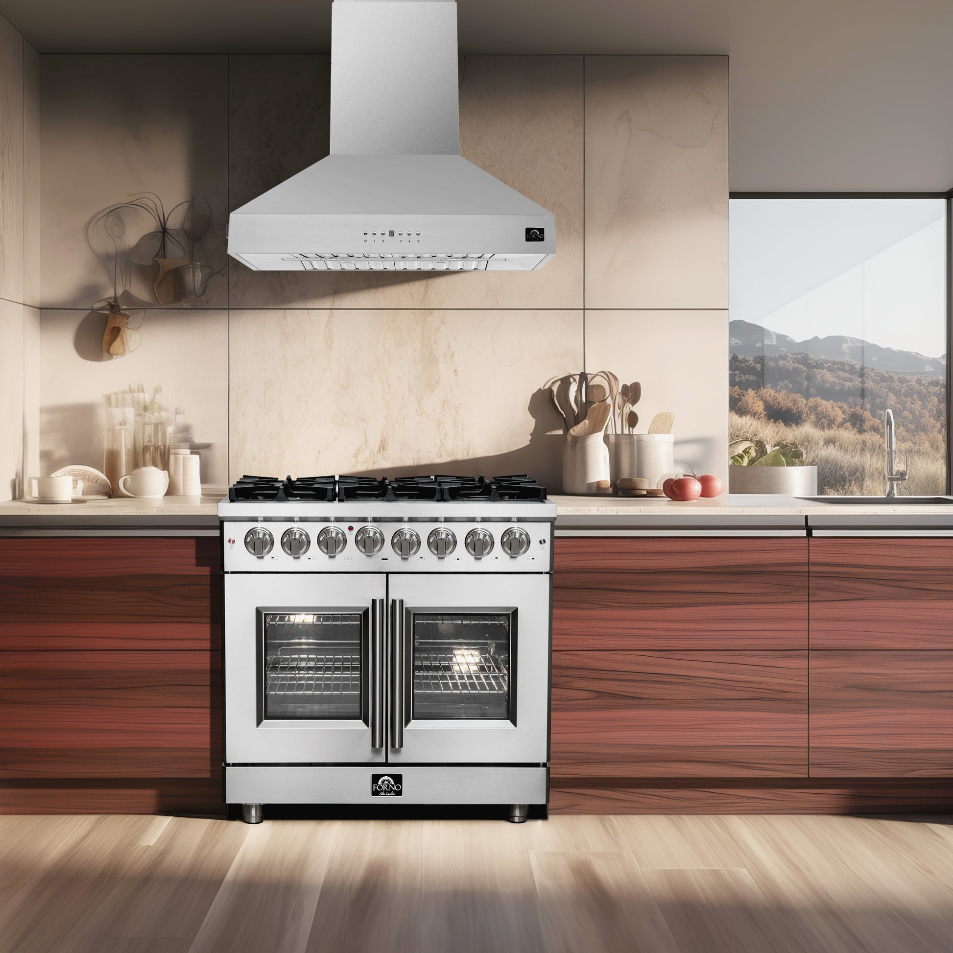 Cuisinière dual fuel indépendante Forno Massimo de 36 pouces avec portes françaises, 6 brûleurs et four à convection véritable - Forno Appliances
