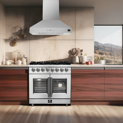 Cuisinière dual fuel indépendante Forno Massimo de 36 pouces avec portes françaises, 6 brûleurs et four à convection véritable - Forno Appliances