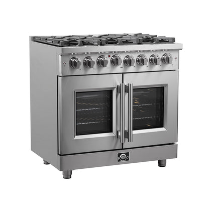 Cuisinière autonome Forno Massimo de 36 po à double combustible, porte française, 6 brûleurs, four à convection véritable - Forno Appliances