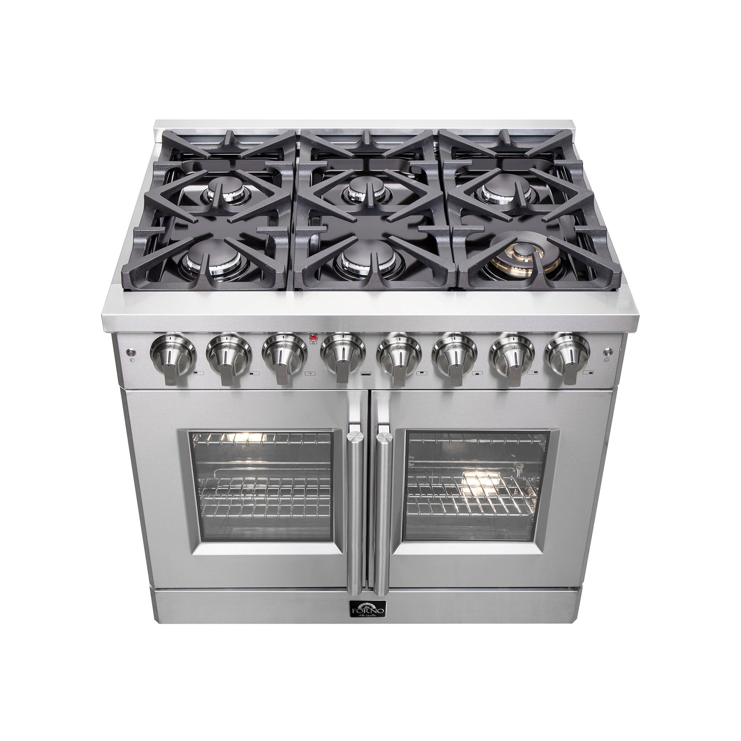 Cuisinière double combustible autoportante Forno Massimo 36 pouces à portes françaises, 6 brûleurs, four à vraie convection - Forno Appliances