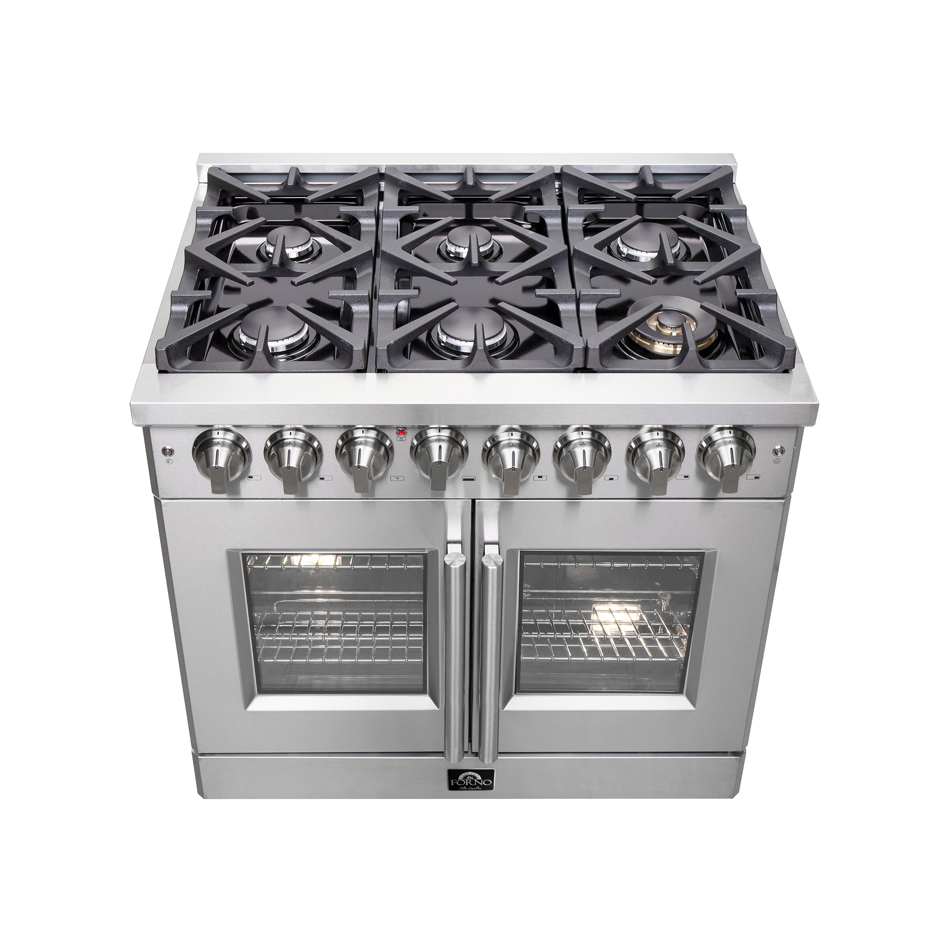 Cuisinière double combustible autoportante Forno Massimo 36 pouces à portes françaises, 6 brûleurs, four à vraie convection - Forno Appliances