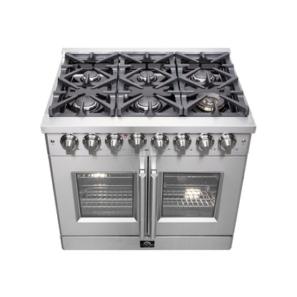 Cuisinière double combustible autoportante Forno Massimo 36 pouces à portes françaises, 6 brûleurs, four à vraie convection - Forno Appliances