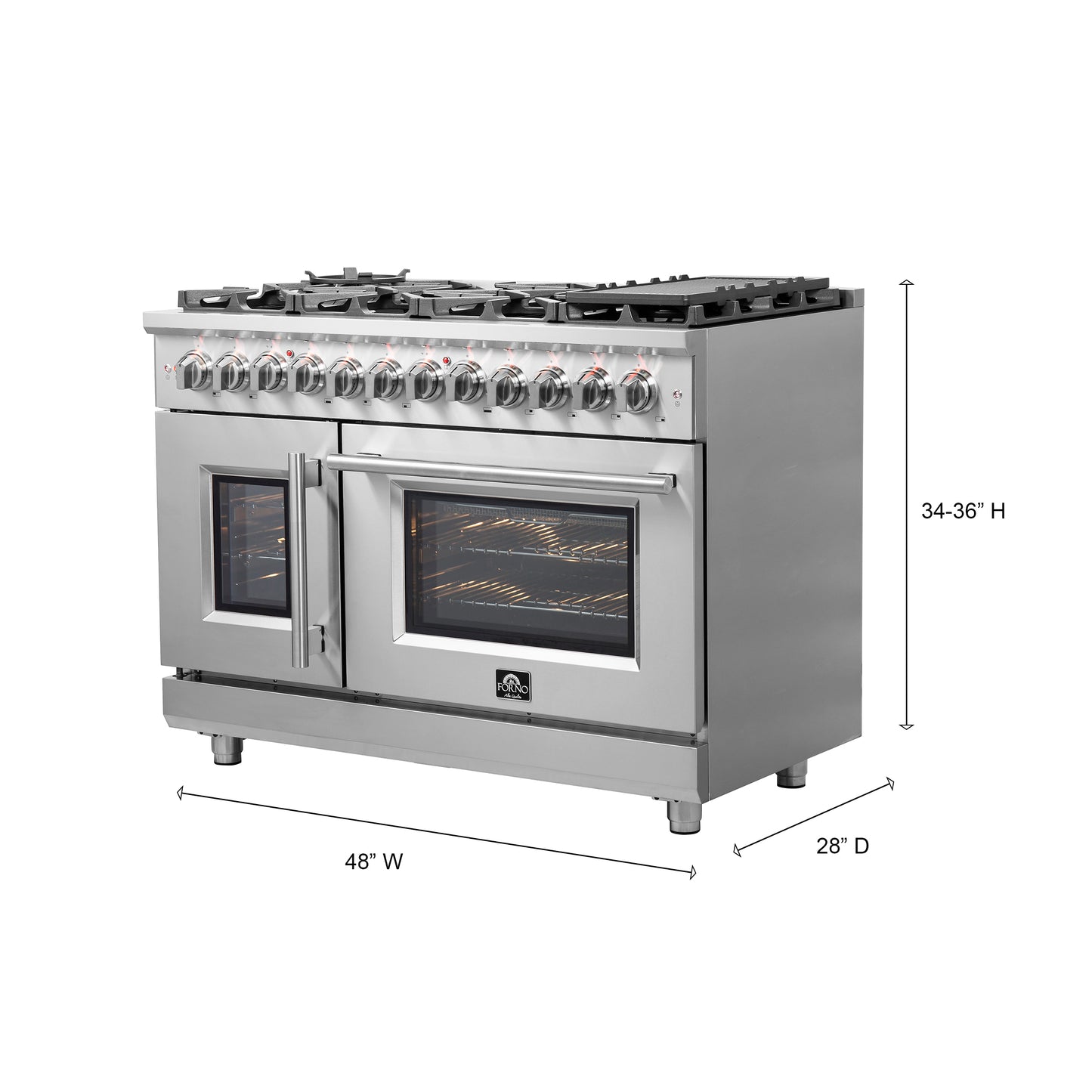 alt
Cuisinière dual fuel autoportante Forno Massimo de 48 pouces à porte française, 8 brûleurs, four à convection véritable - Forno Appliances