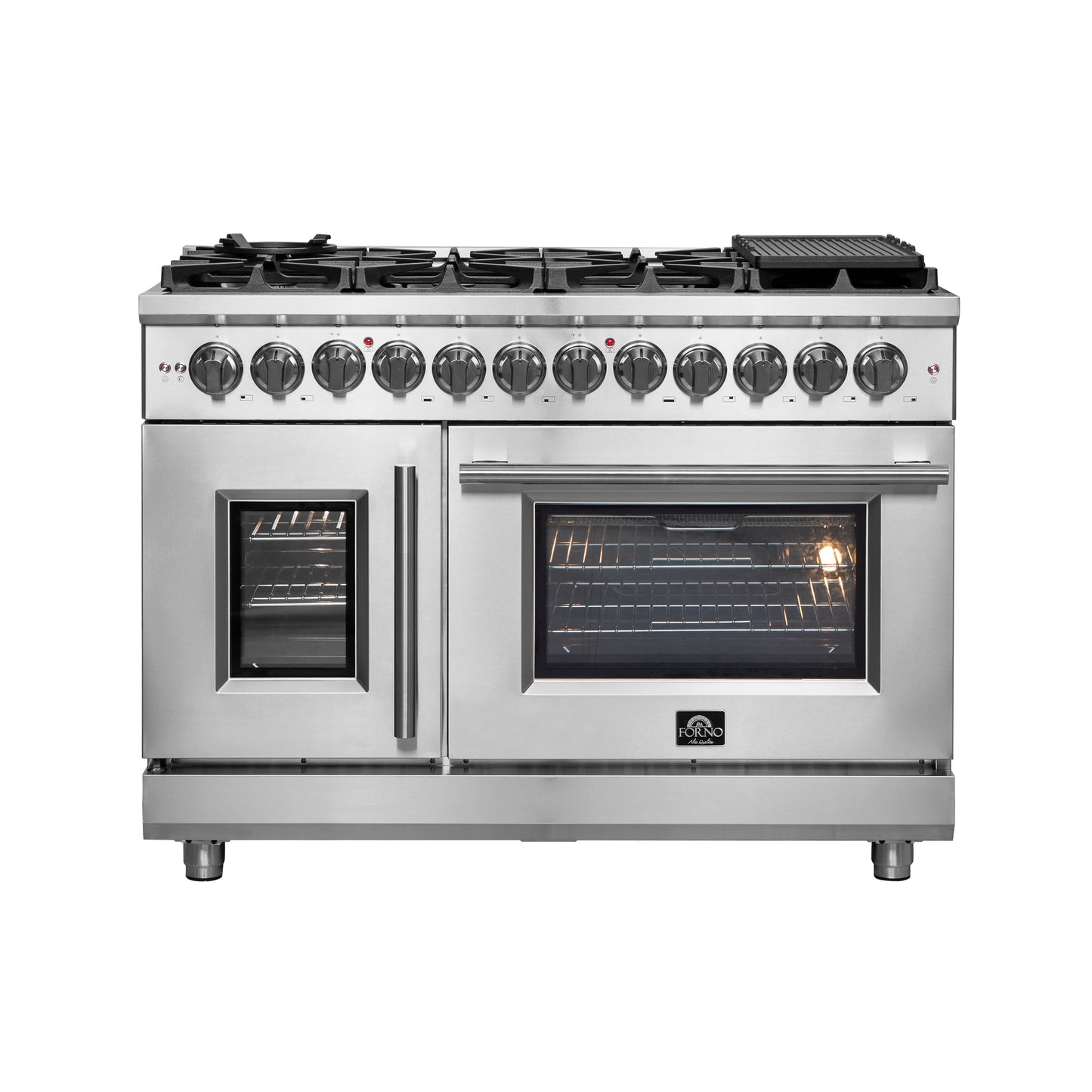Cuisinière dual fuel Forno Massimo de 48 pouces à pose libre avec portes françaises, 8 brûleurs, four à convection réelle - Forno Appliances