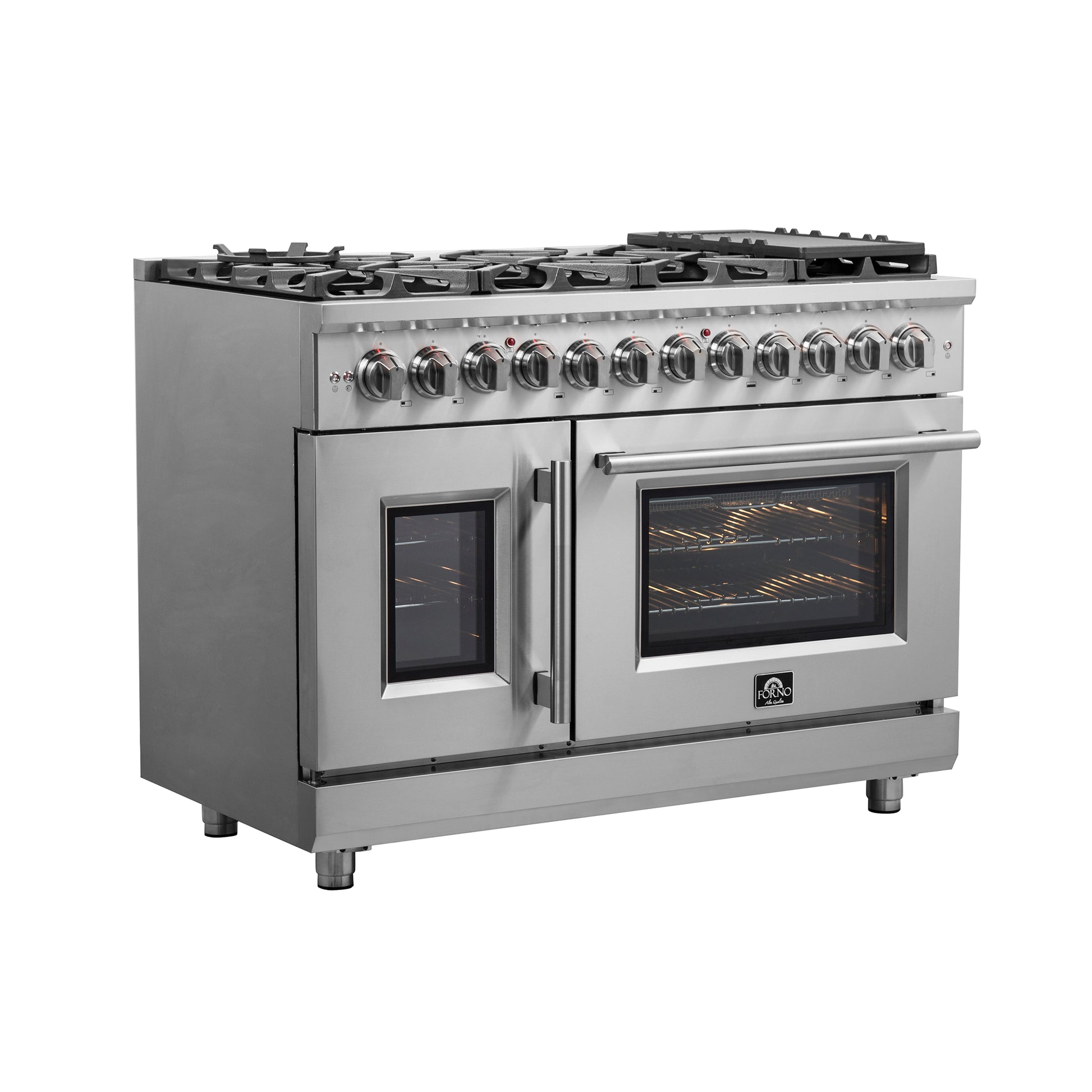 Cuisinière dual fuel autoportante Forno Massimo de 48 pouces à portes françaises, 8 brûleurs, four à convection véritable - Forno Appliances
