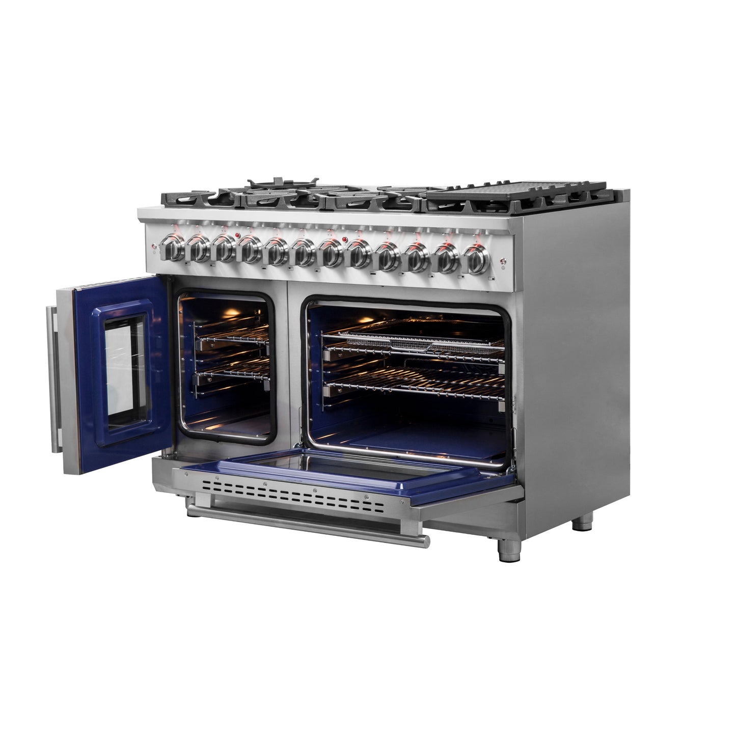 Forno Massimo cuisinière bi-énergie à double porte française de 48 po, pose libre, 8 brûleurs, four à convection réelle - Forno Appliances