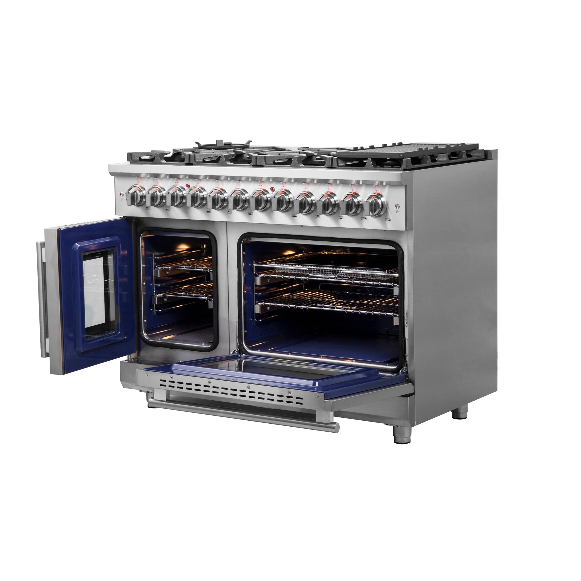 Forno Massimo cuisinière bi-énergie à double porte française de 48 po, pose libre, 8 brûleurs, four à convection réelle - Forno Appliances