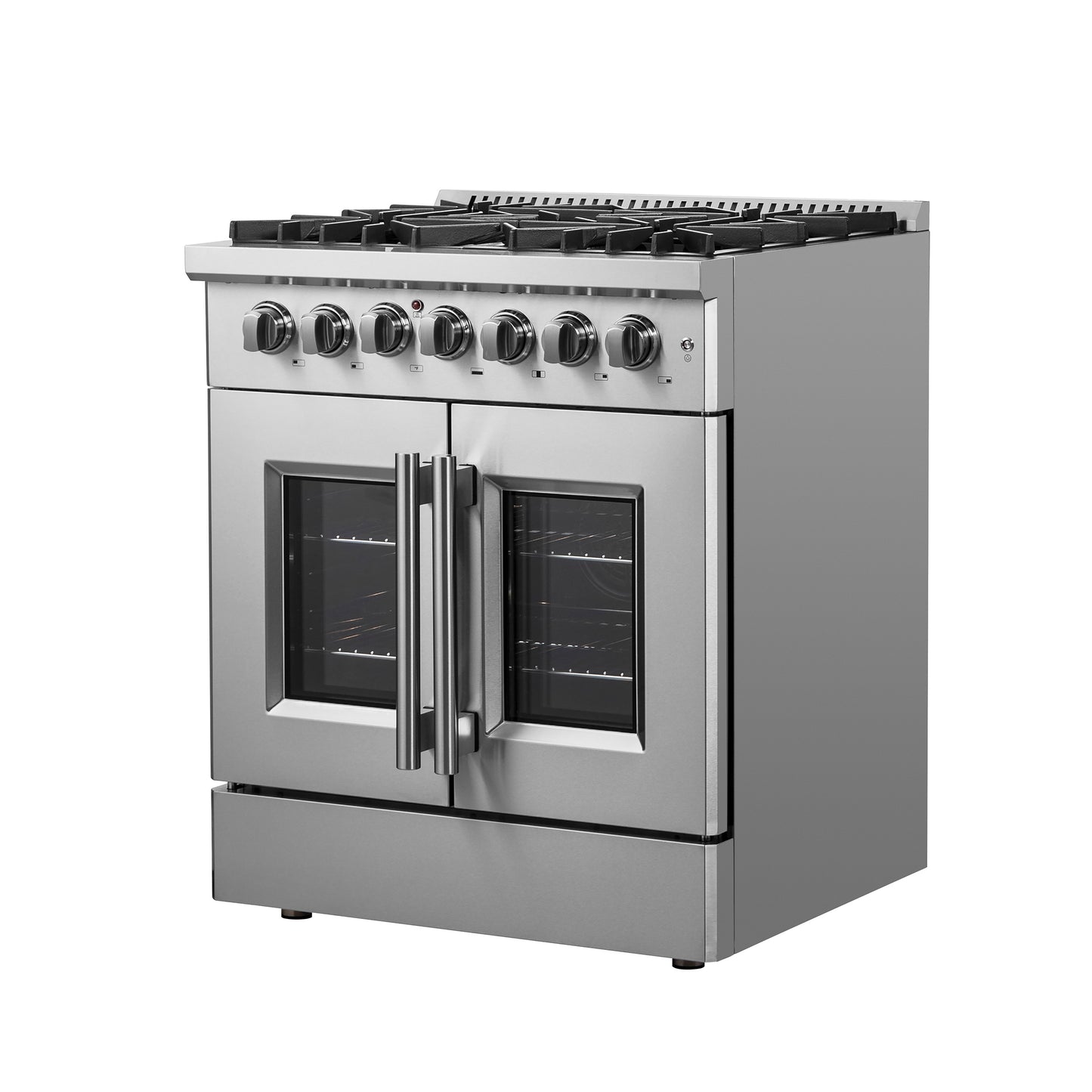 Cuisinière Forno Galiano 30-inch à double combustible, porte française, tout acier inoxydable, 5 brûleurs scellés 68,000 BTU, four à convection véritable 4.32 cu.ft. - Forno Appliances