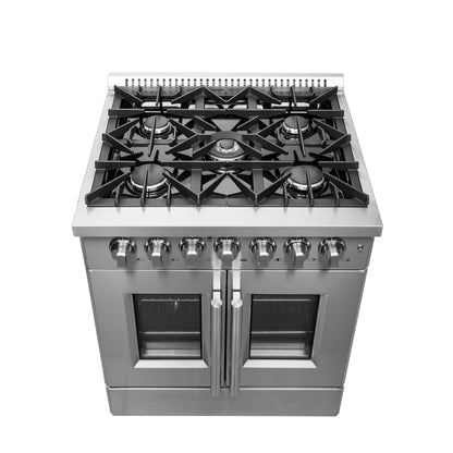 Cuisinière dual fuel Forno Galiano à portes françaises de 30 pouces, tout inox, 5 brûleurs scellés 68,000 BTU, four à convection vraie de 4.32 cu.ft. - Forno Appliances