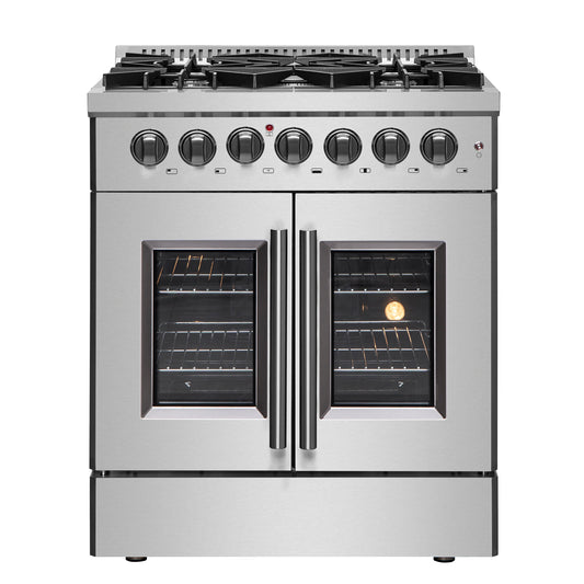 Forno Galiano 30-inch French Door Dual Fuel Range All Stainless Steel, 5 Sealed Burners 68,000 BTU, 4.32 cu.ft. True Convection Oven - Forno Appliances