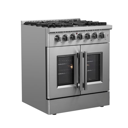 Forno Galiano cuisinière bi-énergie à portes françaises de 30 pouces en acier inoxydable, 5 brûleurs scellés, 68 000 BTU, four à convection véritable de 4,32 pi³ - Forno Appliances