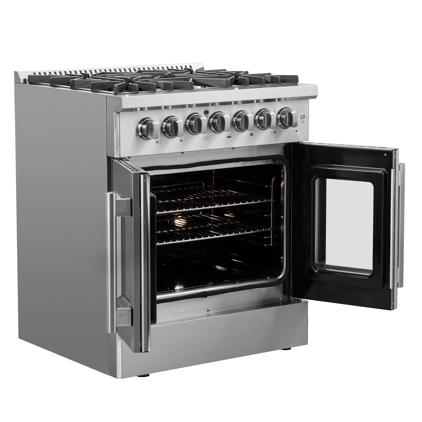 Cuisinière Forno Galiano 30 pouces à double porte française, tout acier inoxydable, 5 brûleurs scellés 68,000 BTU, four à convection véritable 4.32 cu.ft. - Forno Appliances