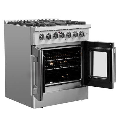 Cuisinière Forno Galiano 30 pouces à double porte française, tout acier inoxydable, 5 brûleurs scellés 68,000 BTU, four à convection véritable 4.32 cu.ft. - Forno Appliances