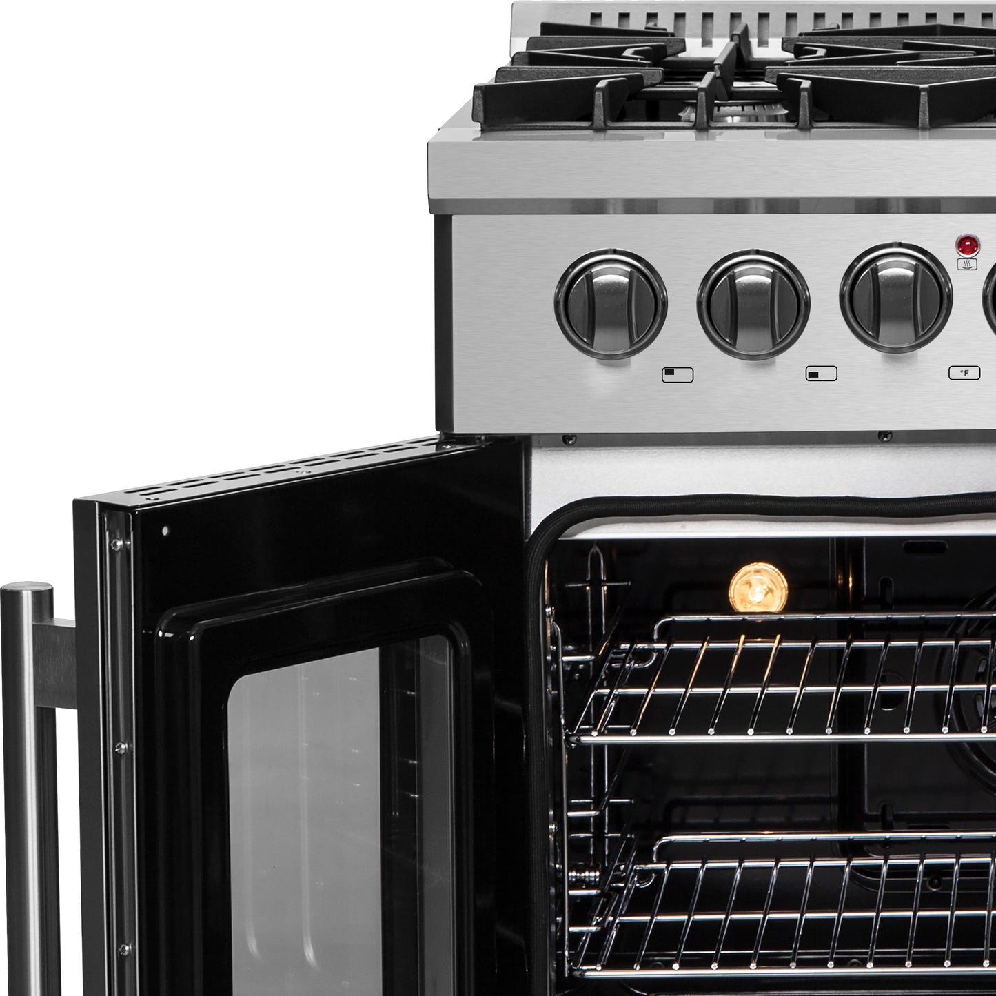 Cuisinière Forno Galiano 30-inch à double combustible, portes françaises, tout inox, 5 brûleurs scellés 68,000 BTU, four à convection véritable 4.32 cu.ft. - Forno Appliances