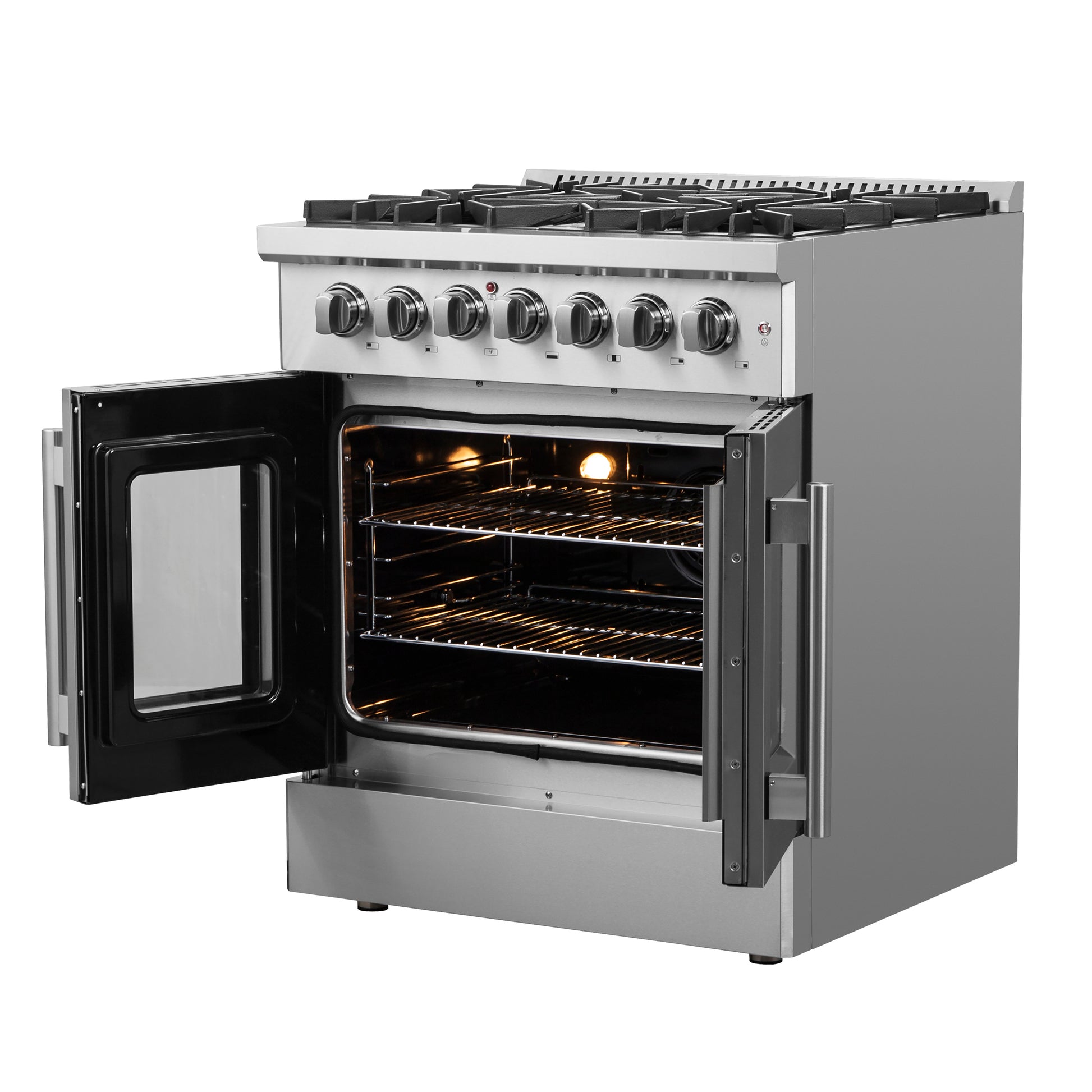 Cuisinière biénergie Forno Galiano 30 pouces à portes françaises, tout inox, 5 brûleurs scellés 68 000 BTU, four à convection réelle de 4,32 pi³ - Forno Appliances