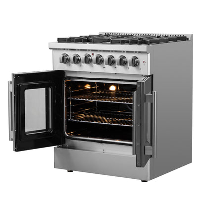 Cuisinière biénergie Forno Galiano 30 pouces à portes françaises, tout inox, 5 brûleurs scellés 68 000 BTU, four à convection réelle de 4,32 pi³ - Forno Appliances