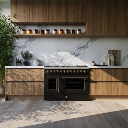 Forno Galiano 48-inch French Door Dual Fuel Range, Black & Antique Brass Design, 8 Sealed Burners - 107,000 BTU, Griddle, 6.58 cu.ft. Double Ovens - Forno Appliances