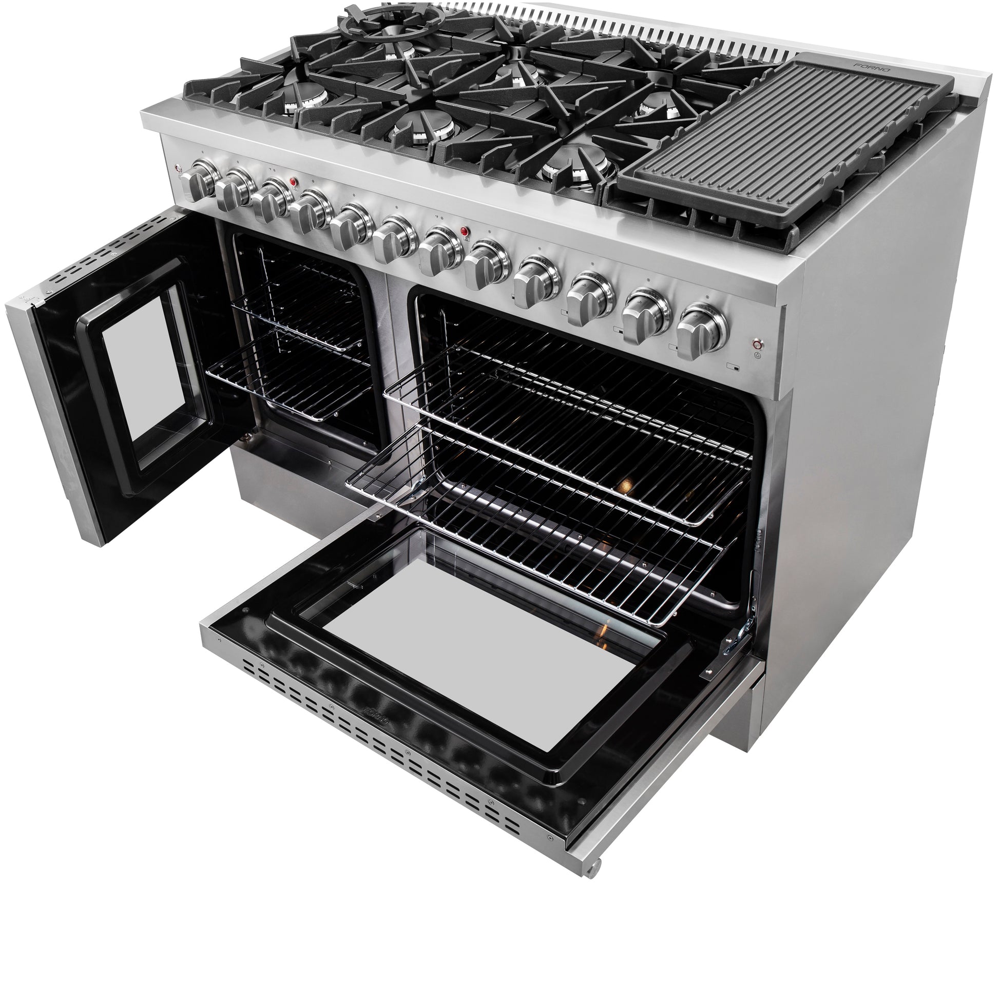 FORNO Galiano 48 pouces à portes françaises, cuisinière biénergie tout inox, 8 brûleurs scellés, 107 000 BTU, plaque de cuisson, double four de 6,58 pi³ - Forno Appliances