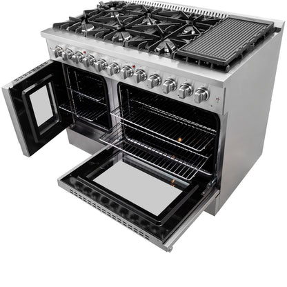FORNO Galiano 48 pouces à portes françaises, cuisinière biénergie tout inox, 8 brûleurs scellés, 107 000 BTU, plaque de cuisson, double four de 6,58 pi³ - Forno Appliances