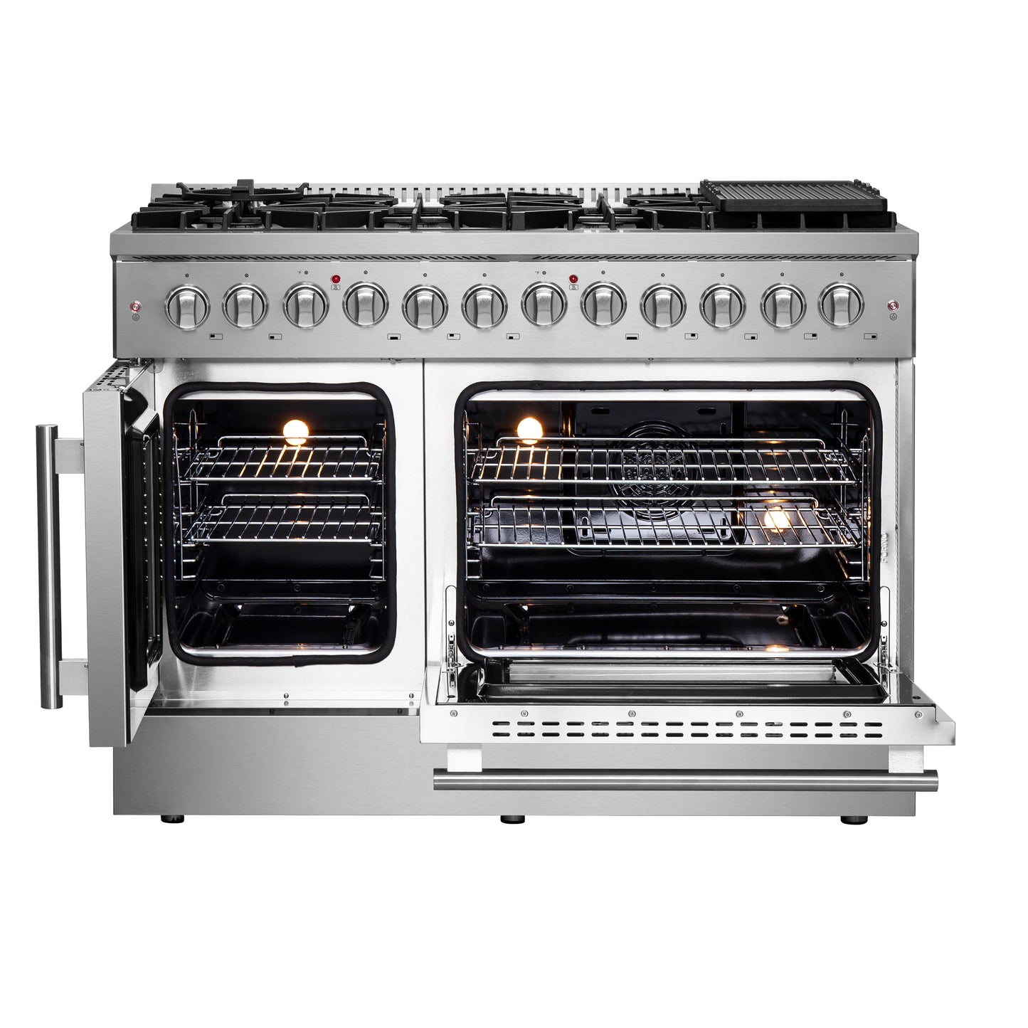 FORNO Galiano cuisinière mixte à portes françaises de 48 pouces, tout inox, 8 brûleurs scellés, 107 000 BTU, plaque de cuisson, double four 6,58 pi³ - Forno Appliances