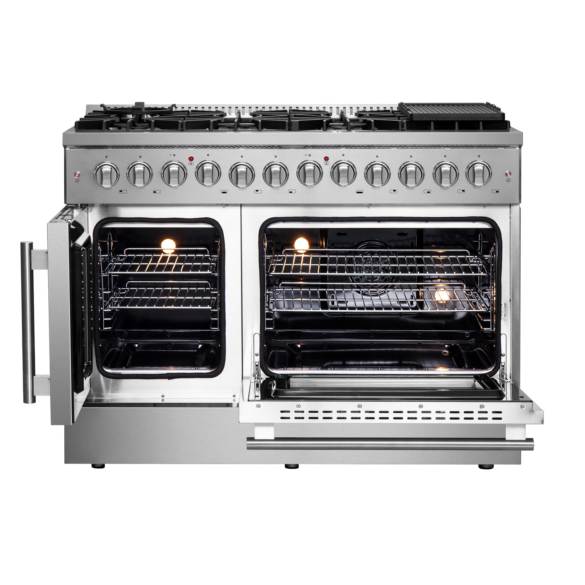 FORNO Galiano cuisinière mixte à portes françaises de 48 pouces, tout inox, 8 brûleurs scellés, 107 000 BTU, plaque de cuisson, double four 6,58 pi³ - Forno Appliances