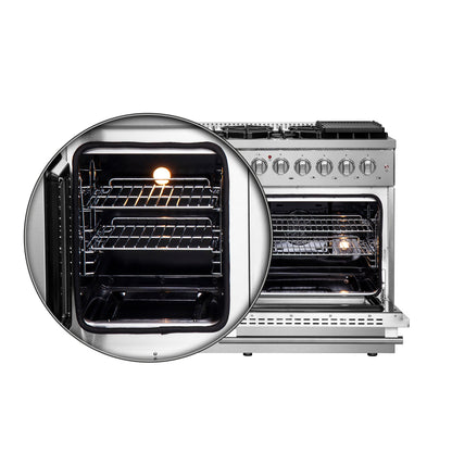Cuisinière dual fuel FORNO Galiano de 48 pouces à double porte française, tout en acier inoxydable, 8 brûleurs scellés, 107 000 BTU, plaque de cuisson, double four de 6,58 pi³ - Forno Appliances