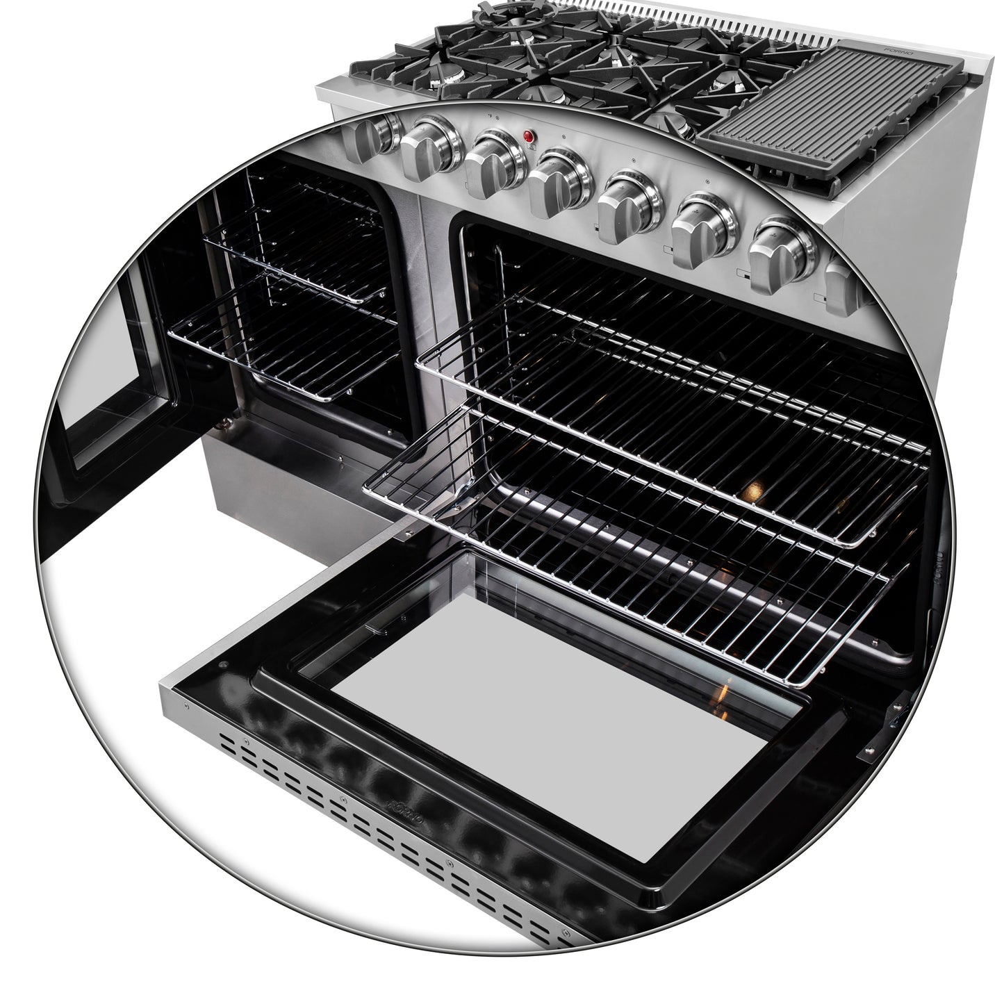 FORNO Galiano cuisinière dual fuel 48 pouces à portes françaises, tout inox, 8 brûleurs scellés, 107 000 BTU, plaque, double four 6,58 pi³ - Forno Appliances
