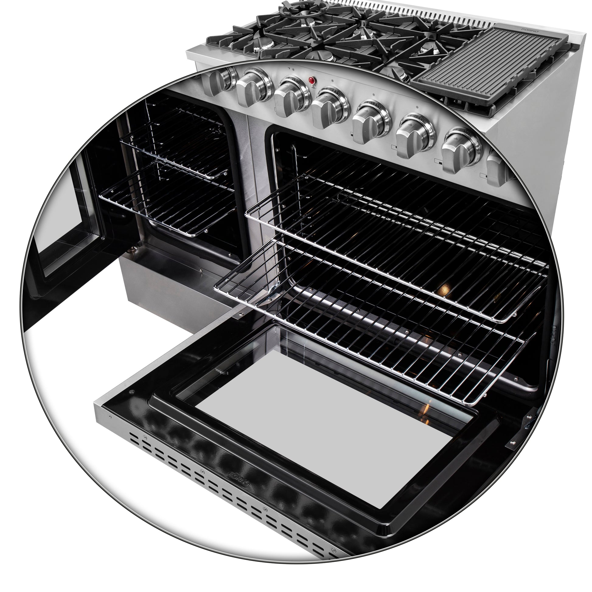 FORNO Galiano cuisinière dual fuel 48 pouces à portes françaises, tout inox, 8 brûleurs scellés, 107 000 BTU, plaque, double four 6,58 pi³ - Forno Appliances