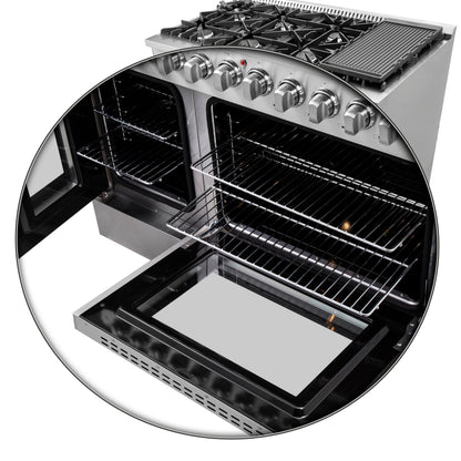 FORNO Galiano cuisinière dual fuel 48 pouces à portes françaises, tout inox, 8 brûleurs scellés, 107 000 BTU, plaque, double four 6,58 pi³ - Forno Appliances