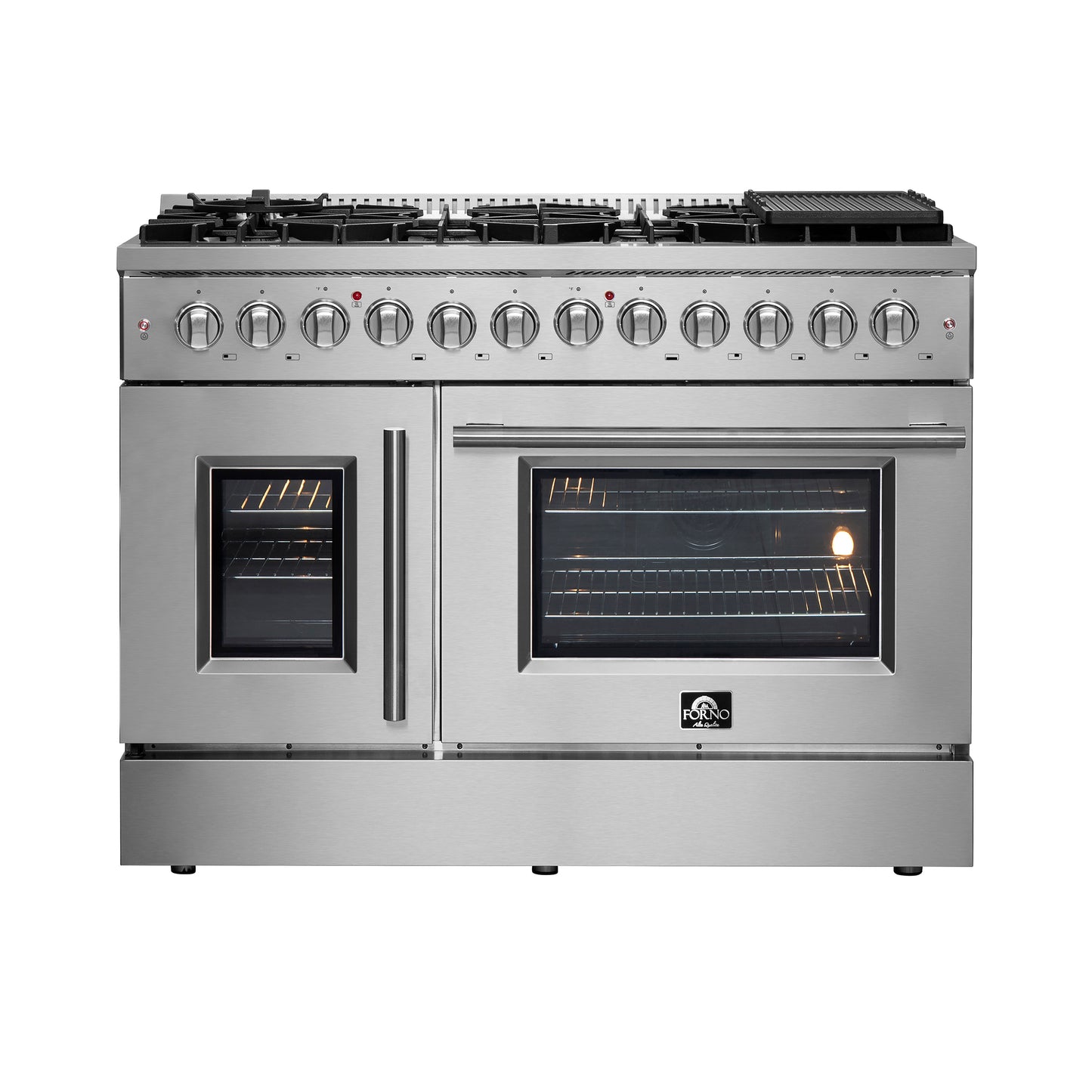 Cuisinière dual fuel FORNO Galiano 48 pouces à portes françaises, tout inox, 8 brûleurs scellés, 107 000 BTU, plaque, double four 6,58 pi³ - Forno Appliances