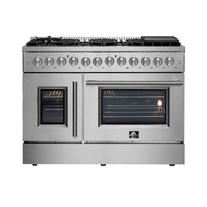 Cuisinière dual fuel FORNO Galiano 48 pouces à portes françaises, tout inox, 8 brûleurs scellés, 107 000 BTU, plaque, double four 6,58 pi³ - Forno Appliances
