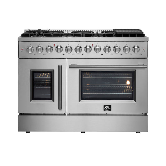 FORNO Galiano 48-Inch French Door Dual Fuel Range All Stainless Steel, 8 Sealed Burners, 107,000 BTU, Griddle, 6.58 cu.ft. Double Ovens - Forno Appliances