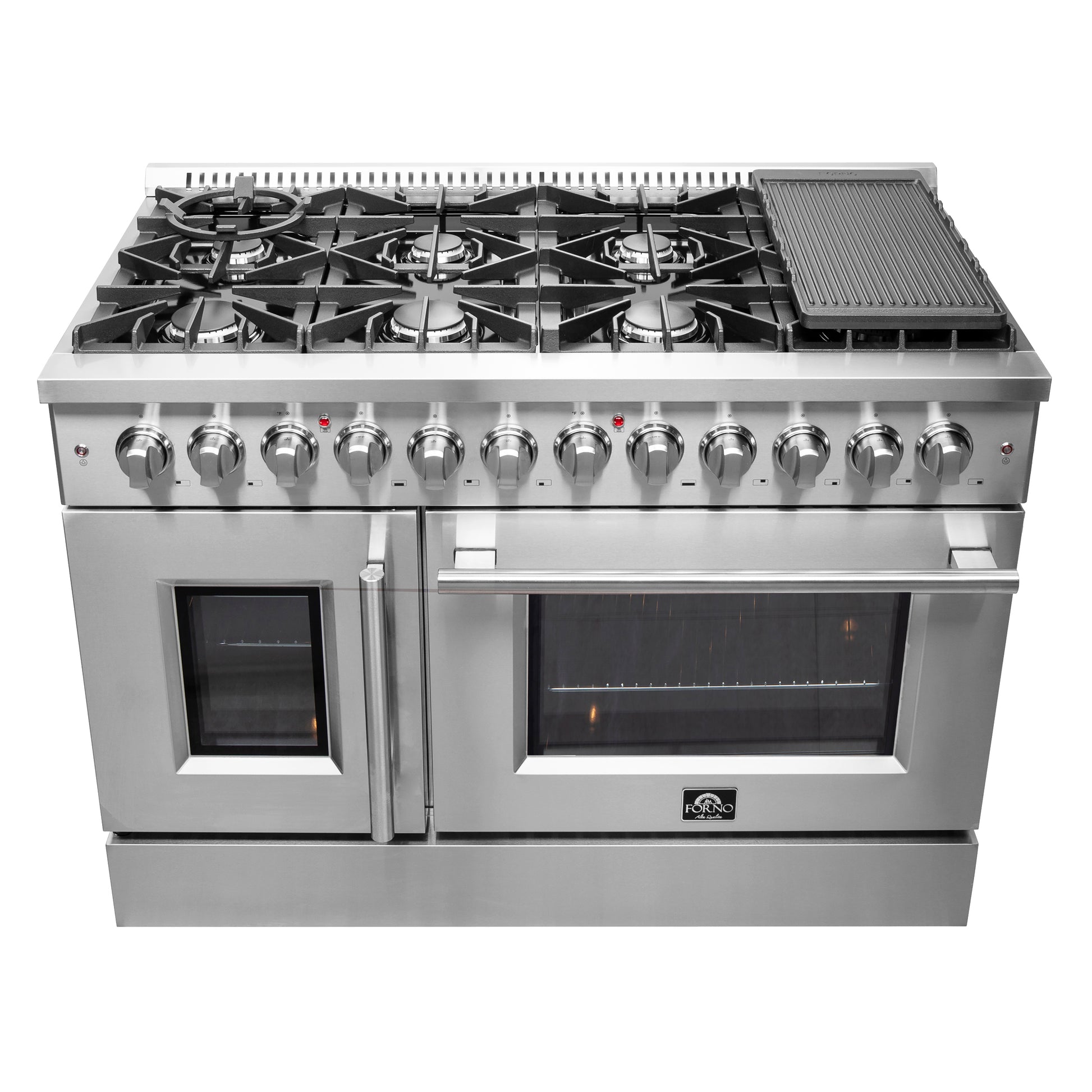 FORNO Galiano cuisinière mixte à portes françaises de 48 pouces tout inox, 8 brûleurs scellés, 107 000 BTU, plaque de cuisson, double four 6,58 pi³ - Forno Appliances