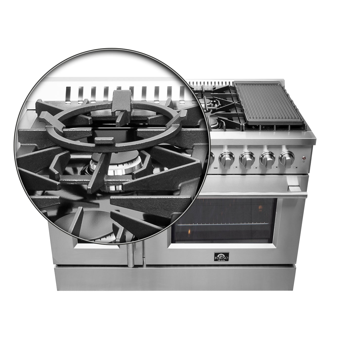 FORNO Galiano Cuisinière bi-énergie à double four à portes françaises de 48 po, tout inox, 8 brûleurs scellés, 107 000 BTU, plaque de cuisson, 6,58 pi³ - Forno Appliances