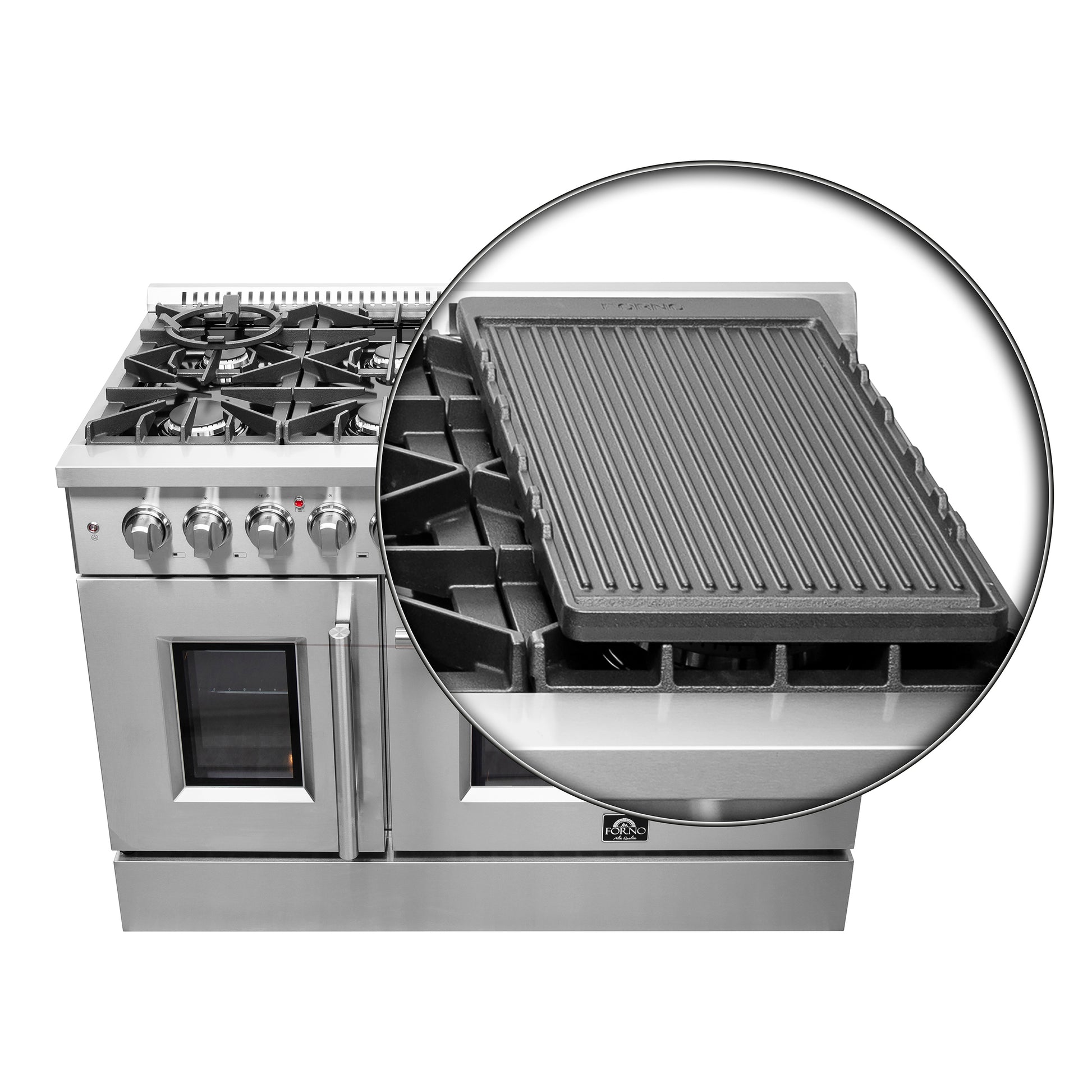 FORNO Galiano Cuisinière dual fuel 48-Inch à portes françaises, tout inox, 8 brûleurs scellés, 107,000 BTU, plaque chauffante, doubles fours de 6.58 cu.ft. - Forno Appliances