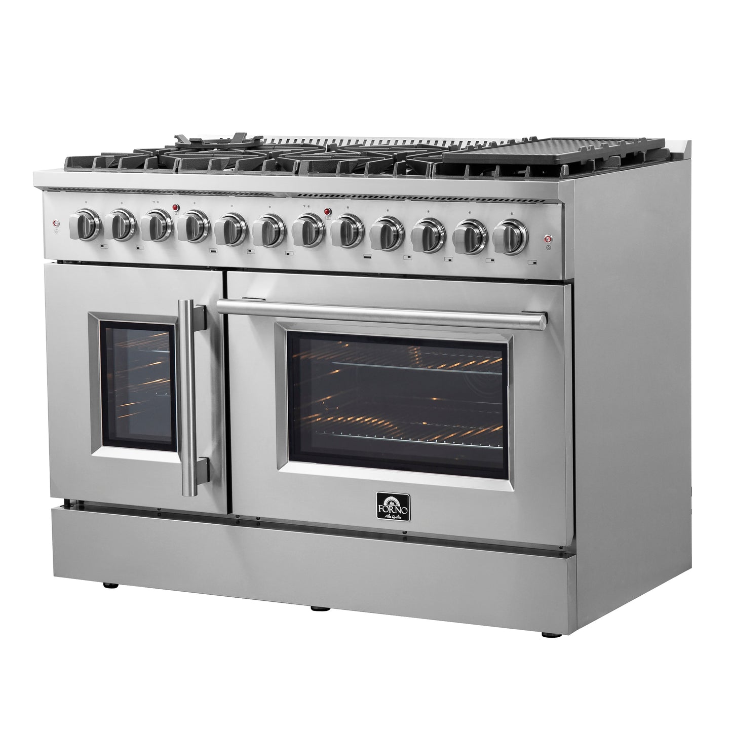 FORNO Galiano cuisinière biénergie à double four de 48 pouces avec portes françaises, tout en acier inoxydable, 8 brûleurs scellés, 107 000 BTU, plaque de cuisson, 6,58 pi³ - Forno Appliances